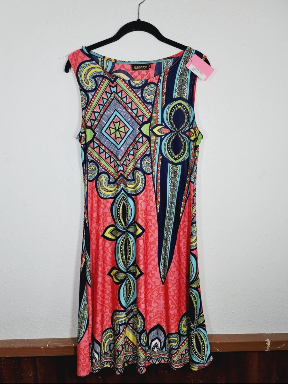 Reborn Colorful Coral Tribal-Print Sleeveless Dress, Size Medium